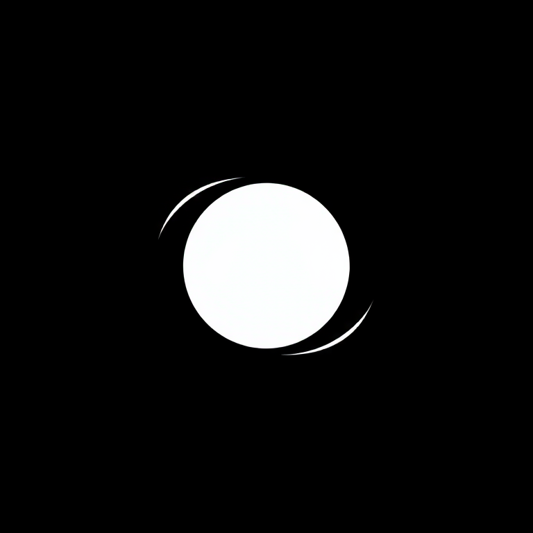 Create a high-contrast minimalist logo design featuring a central white circle with dynamic swooshes in a black background, using a Canon EOS R5 camera with a 50mm f/1.2 lens, aperture set to f/2.8, ISO 100, and a slight vignette effect for depth.