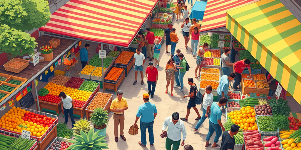 A vibrant illustration of a busy farmers market with colorful stalls selling fruits and vegetables, diverse people shopping and interacting, camera settings at f/8, ISO 100, shutter speed 1/250 sec, aerial view, digital illustration style, high-resolution quality.
