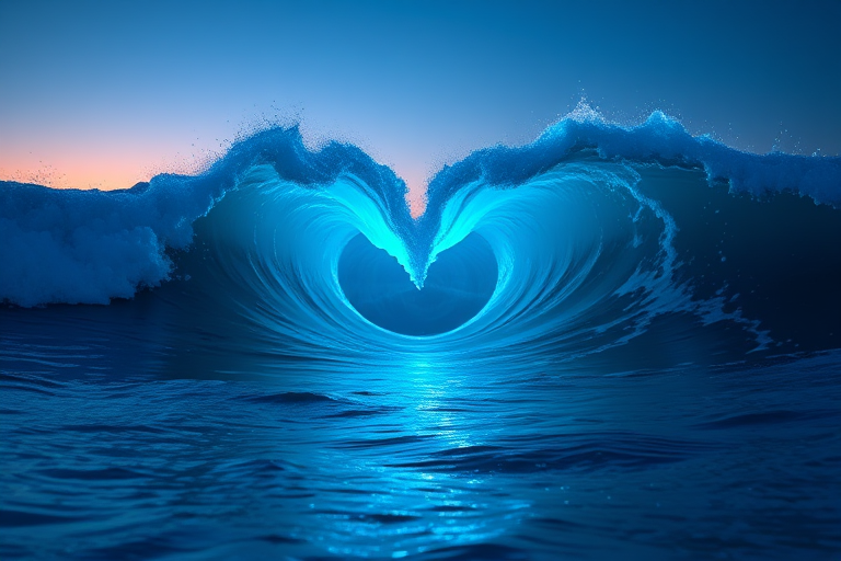 A surreal ocean wave forming a heart shape, illuminated by neon blue lights, with digital elements integrated, during twilight, captured with a Canon EOS R5, 24mm lens, f/2.8 aperture, ISO 200, 1/60s shutter speed, using a wide-angle perspective for enhanced depth.
