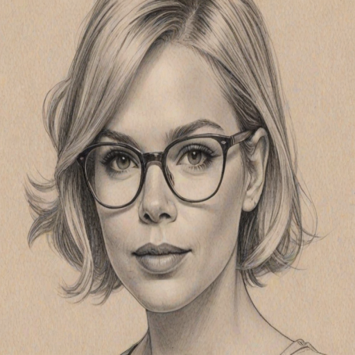 Delightful Michelle Williams, pencil sketch, portrait of Alluring woman 1966s in glasses, hair style beatnik, outline, clear lines, fine lines, 8k
