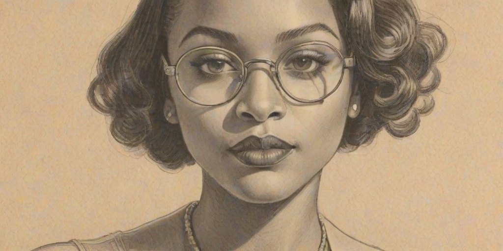 Alluring Zuri Hall, pencil sketch, portrait of Lovely woman 1928s in glasses, hair style beatnik, outline, clear lines, fine lines, 8k