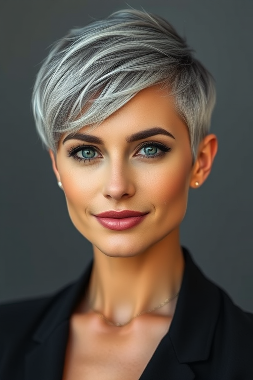 Sophisticated salt-and-pepper haired woman with a chic, tapered pixie cut, exuding confidence and embracing natural beauty