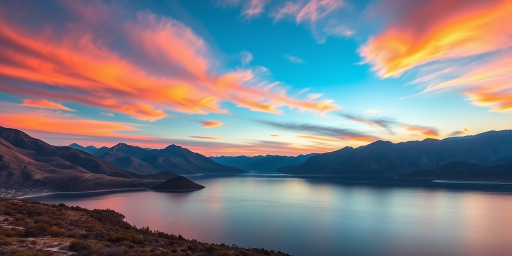 Generate a high-resolution image of a serene landscape featuring a calm lake surrounded by mountains at sunset, with vibrant colors in the sky, captured in a wide-angle view using a DSLR camera, f-stop 8, ISO 100, shutter speed 1/100 sec, and enhanced with HDR imaging for rich detail.