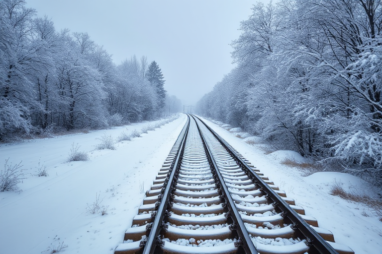 A serene winter landscape featuring a snow-covered train track surrounded by snow-laden trees, taken with a DSLR camera at f/8 aperture, ISO 100, 50mm lens, in a wide-angle view to capture the depth of the scene.