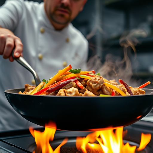 a dynamic close-up of a chef cooking stir-fry in a pan with colorful vegetables and meat, vibrant smoke rising, warm orange flames below, shallow depth of field, f/2.8 aperture, ISO 100, 1/60 second shutter speed, 50mm lens, natural light with a cinematic style