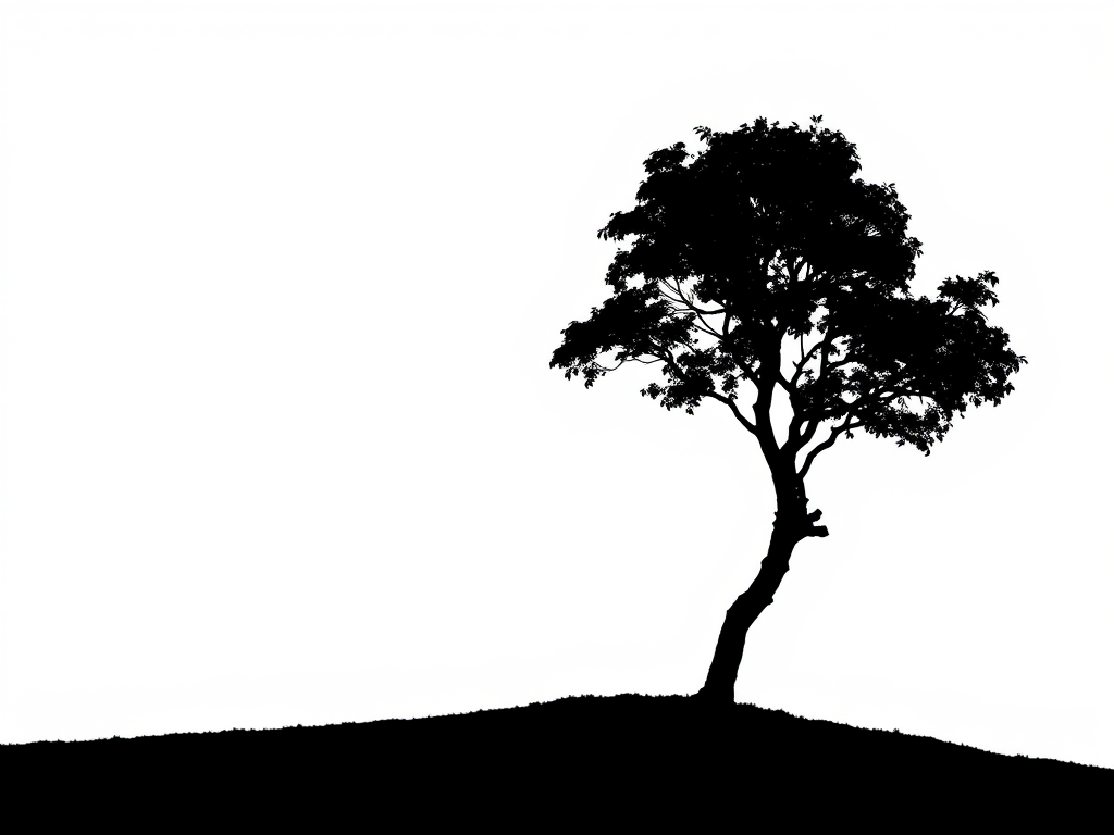 Create a high-quality image of a minimalist black silhouette of a tree against a white background, using a DSLR camera with a 50mm lens, aperture set to f/8, ISO 100, and a focus on the silhouette, ensuring a clean and crisp contrast between the tree and background.