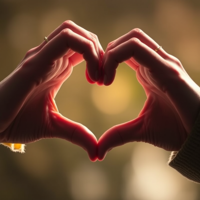 Close-up of hands forming a heart shape, natural light, shallow depth of field, 50mm lens, f/2.8, ISO 100, soft focus background, DSLR camera, warm color tones.