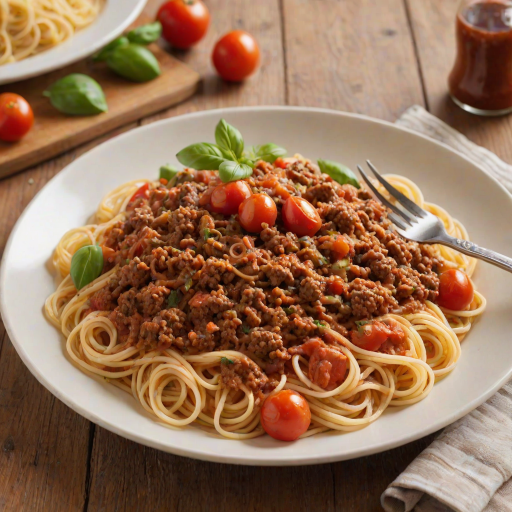 Create an image of a delicious plate of spaghetti topped with a rich meat sauce, including ground meat, tomatoes, and fresh vegetables. A fork should be twirling some pasta on the plate, which should be a simple white design. The background should be lightly blurred to focus on the dish, highlighting its appetizing colors and textures.