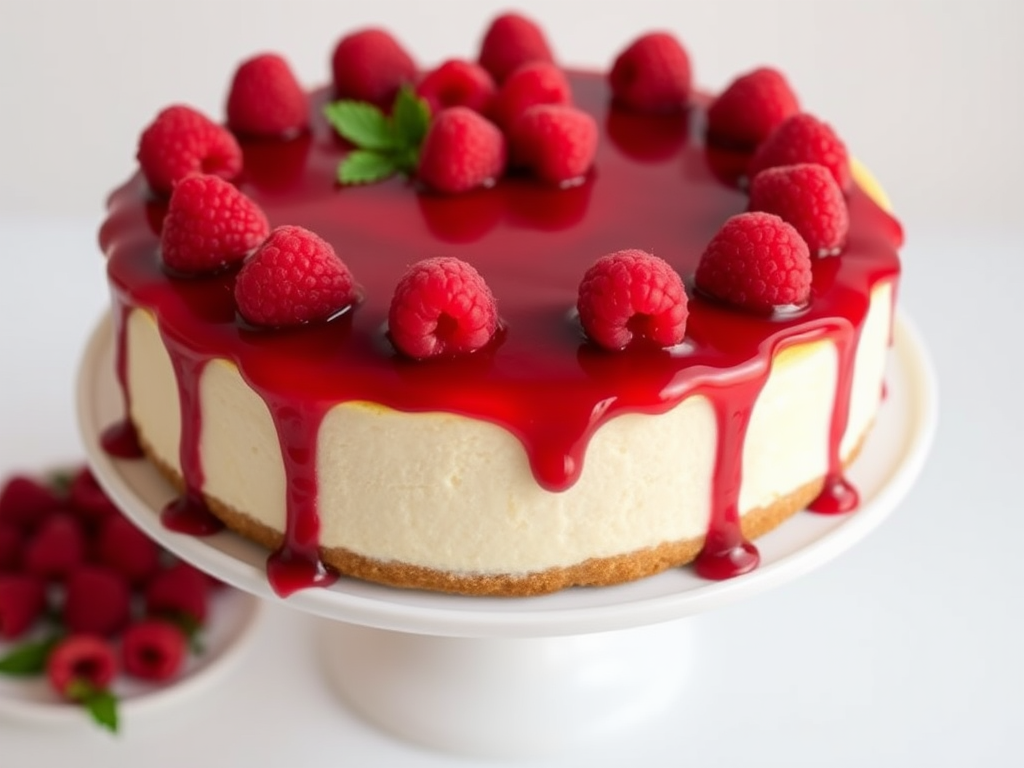 A delicious cheesecake topped with a glossy raspberry sauce and fresh raspberries, sitting on a white cake stand against a light background.