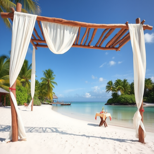 Create a picturesque tropical beach scene featuring a serene, white sandy shore. In the foreground, there's a rustic wooden canopy with white drapes gently flowing in the breeze. Underneath the canopy, a table is set with tropical decor, evoking a sense of relaxation and leisure. The beach extends into a calm, shallow water area with reflections of the sky and surroundings. Palm trees and lush greenery line the edge of the beach, providing a natural, tropical backdrop. The sky is clear with a few scattered clouds, and the overall atmosphere is tranquil and inviting, perfect for a peaceful retreat.