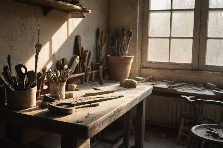 Close-up of an artisan's workshop, with tools scattered across a workbench, soft light streaming in through a dusty window, illuminating a half-finished sculpture.