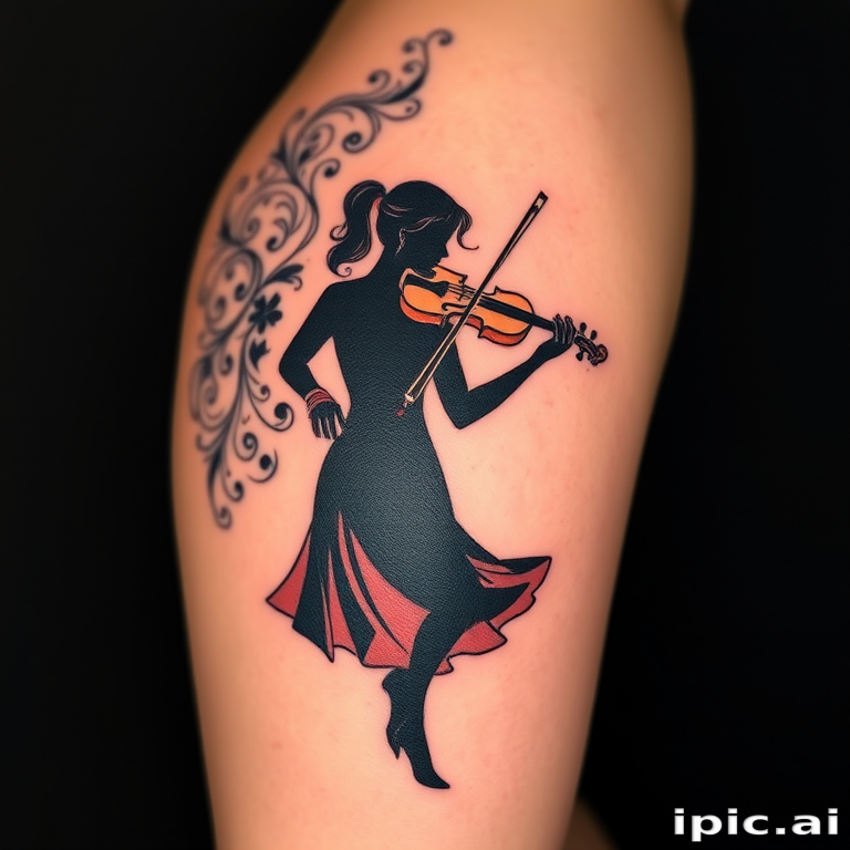 Negative space tattoo named "Silhouette Serenade" using the natural skin tone to create the main image of a female figure playing a violin, with intricate blackwork patterns filling the background