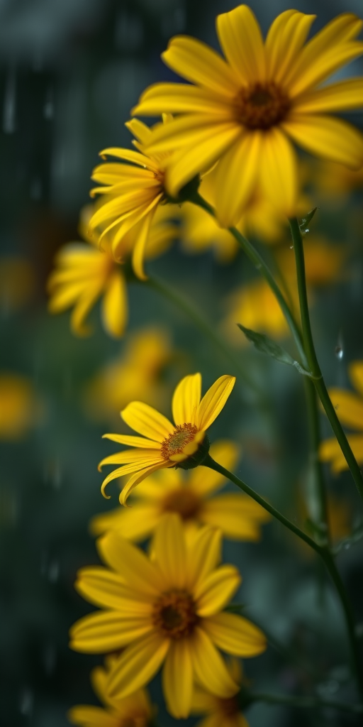 Close-up of yellow flowers in the rain, shallow depth of field, f/2.8 aperture, 50mm lens, Nikon D850, soft diffused lighting, low angle view, enhance saturation and contrast.