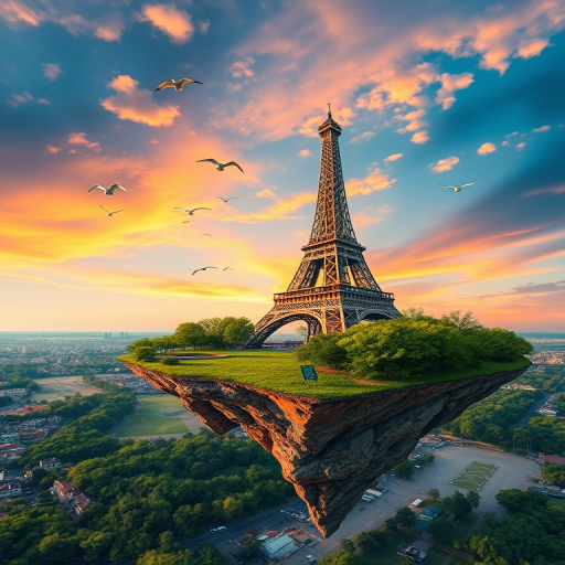 A surreal floating island featuring the Eiffel Tower surrounded by lush greenery and birds soaring in a vibrant sky, captured with a DSLR camera, 24mm lens, f/8 aperture, ISO 100, golden hour lighting, and a panoramic view.