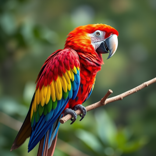 Regenerate a vibrant illustration of a scarlet macaw perched on a branch, using a high-resolution DSLR camera, 50mm lens, f/2.8 aperture, 1/200s shutter speed, natural light, with a focus on the rich colors and intricate details of the feathers.