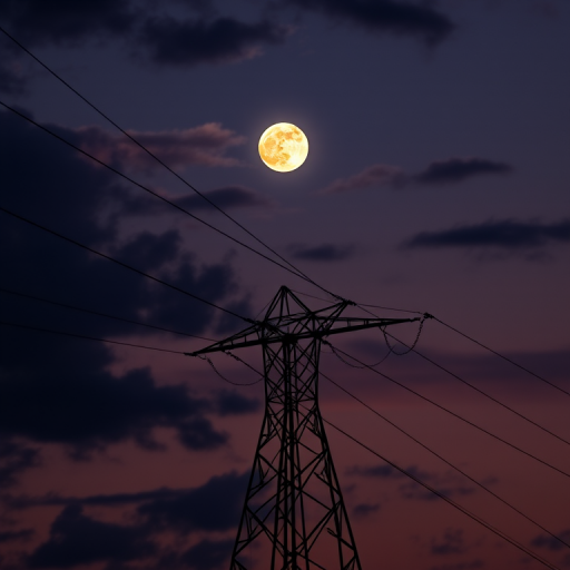 capture a silhouette of a high voltage power line against a dramatic sky with a full moon, use a DSLR camera with a 50mm lens, aperture f/8, ISO 100, shutter speed 1/200s, shoot during twilight for enhanced contrast and clarity