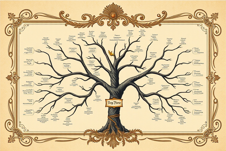 Create a high-resolution vintage-style family tree illustration with ornate borders and intricate details, captured with a Canon EOS 5D Mark IV, 50mm f/1.4 lens, ISO 200, aperture f/8, natural lighting, top-down view.