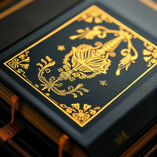Generate an image of a luxurious black book with a golden embossed design on the cover and a gold bookmark, macro view, f/2.8 aperture, 50mm lens, and natural lighting for enhanced quality.