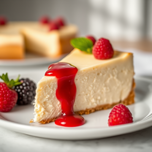 Capture a close-up view of a slice of cheesecake with raspberry sauce and fresh berries on a white plate, using a Canon EOS R5 camera, 50mm f/1.2 lens, aperture set to f/2.8, ISO 100, natural lighting, and a shallow depth of field for a soft blurred background.