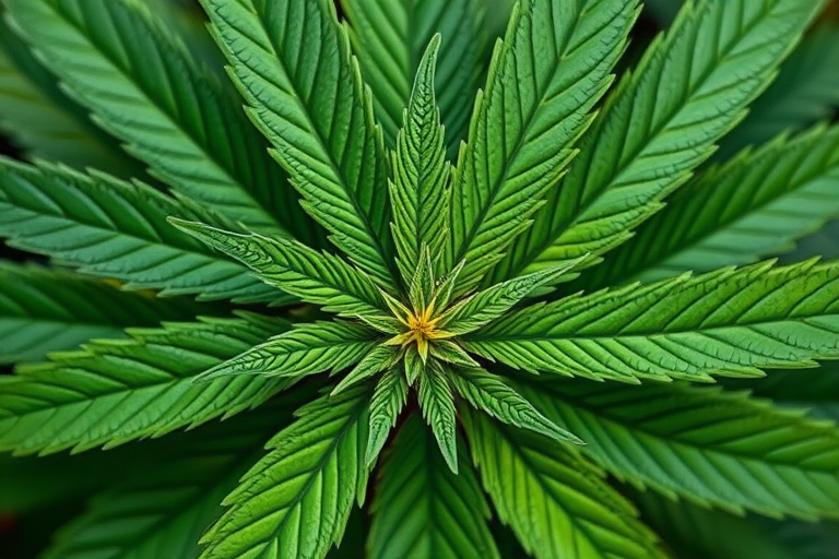 Create a highly detailed illustration of a cannabis leaf composed of smaller leaves, using a macro lens at f/2.8, ISO 100, 1/100 sec, captured in high resolution with a DSLR camera, top-down view, vibrant colors and sharp contrasts for enhanced image quality.