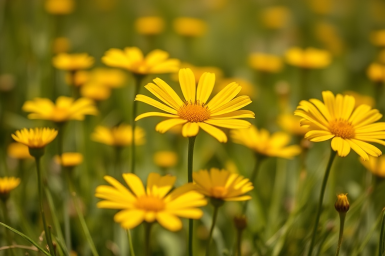 photograph vibrant yellow flowers in a sunny meadow with a shallow depth of field, using a DSLR camera with a 50mm lens, aperture f/2.8, ISO 100, 1/200s shutter speed, natural light, close-up view to enhance details