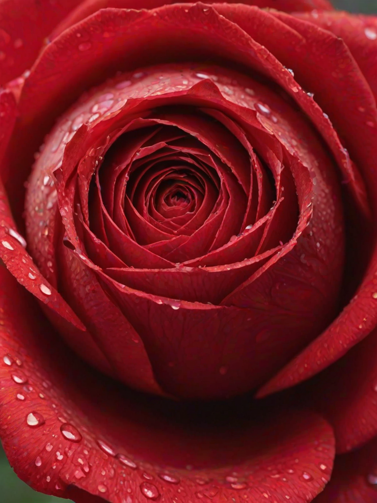 Sharp, detailed close-up of a raindrop sliding down the petal of a vibrant red rose, soft light reflecting off the delicate surface, with tiny veins visible on the petal.