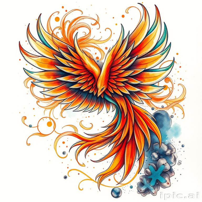 Vibrant watercolor tattoo depicting a majestic phoenix rising from ashes, feathers blending into swirling abstract patterns, iridescent hues of orange and teal, intricate details in negative space