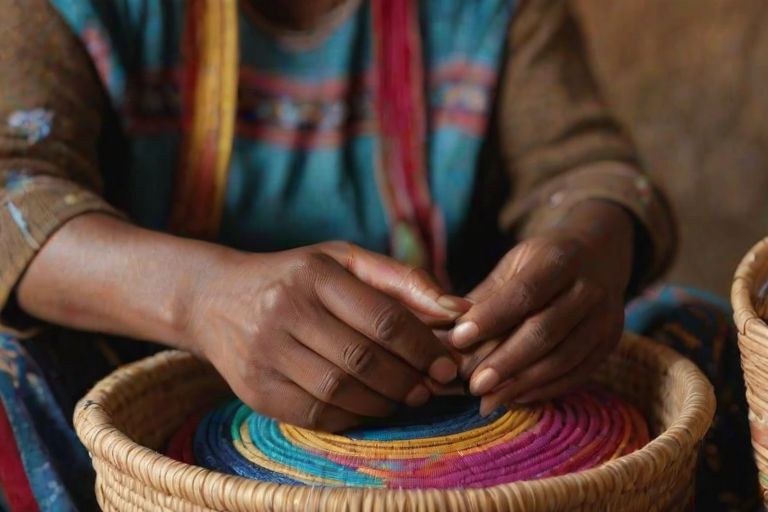 Close-up of a woman’s hands weaving a traditional basket, with colorful materials surrounding her, and soft light illuminating her focused expression, showcasing craftsmanship and skill.