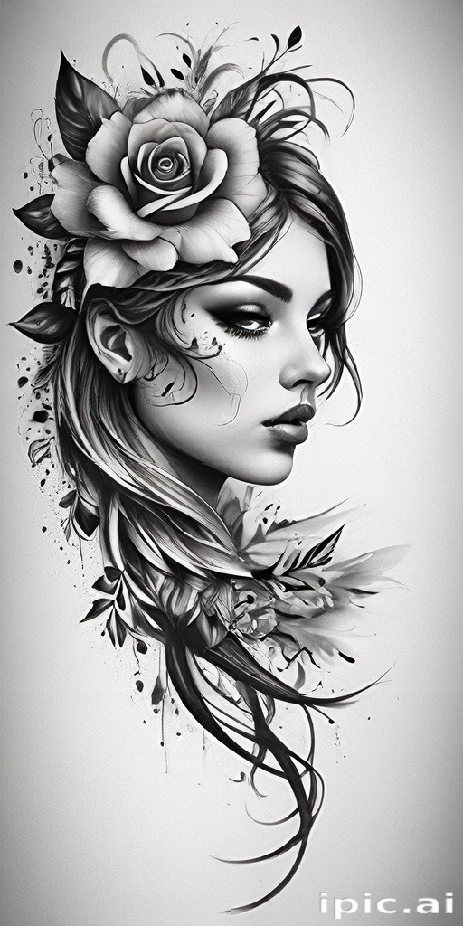 Elegant Black and White Portrait of a Woman Surrounded by Beautiful Flowers