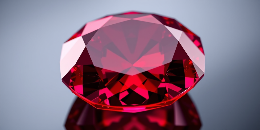 Create a high-resolution 3D render of a ruby gemstone with intricate facets and reflections, using a macro lens at f/2.8, 100mm focal length, and a softbox lighting setup to enhance clarity and depth.