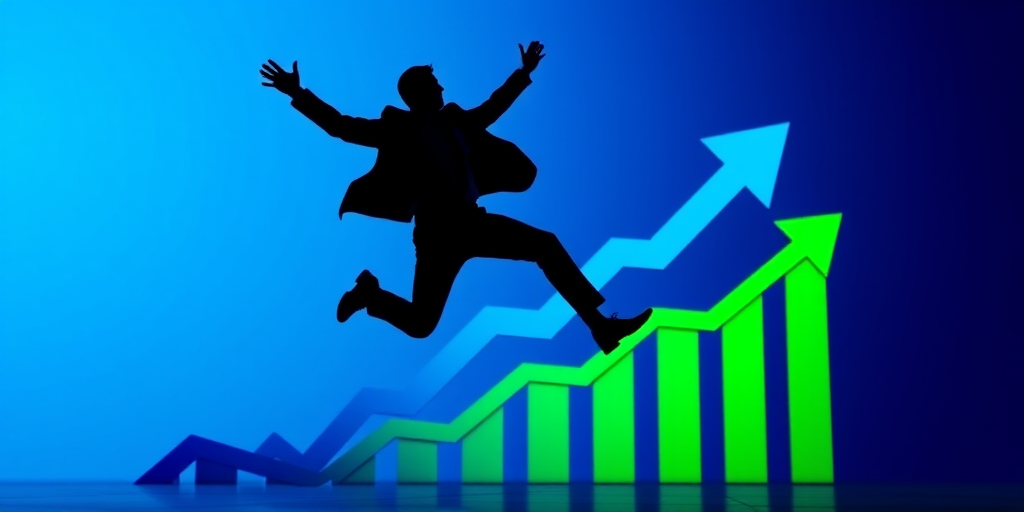 Create an image of a dynamic marketing concept featuring a silhouette of a jumping businessman with vibrant arrows in blue and green shades, incorporating an upward graph background, captured with a DSLR camera at f/2.8 aperture, ISO 100, 24mm lens, shot from a slightly low angle to enhance the sense of elevation and energy.