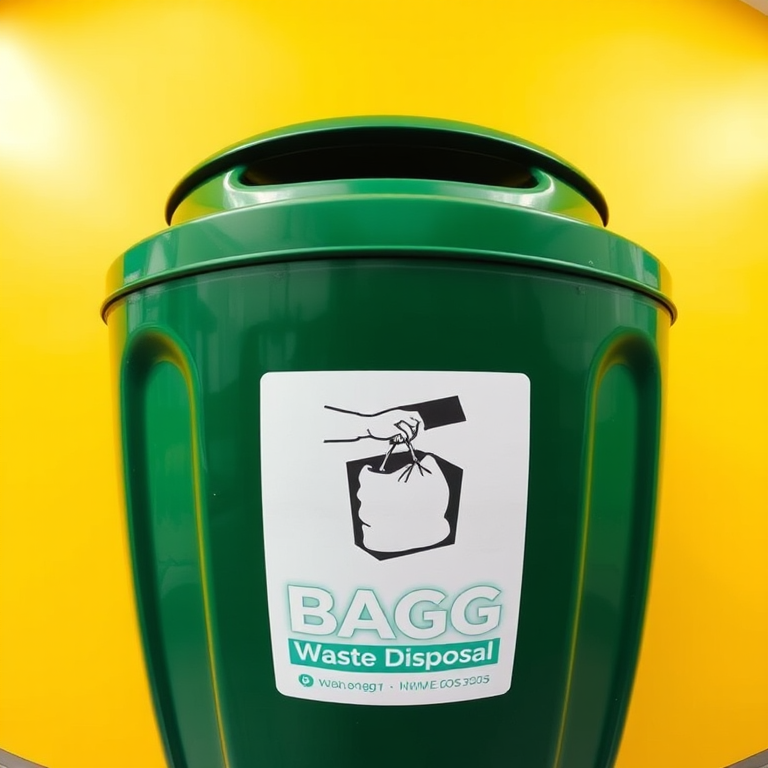 Create an image of a green dog waste disposal bin, featuring a graphic of a person throwing a bag into the bin, set against a yellow background, captured with a Canon EOS R5 at f/8, ISO 100, 1/200s, with a slight fisheye lens effect for emphasis.