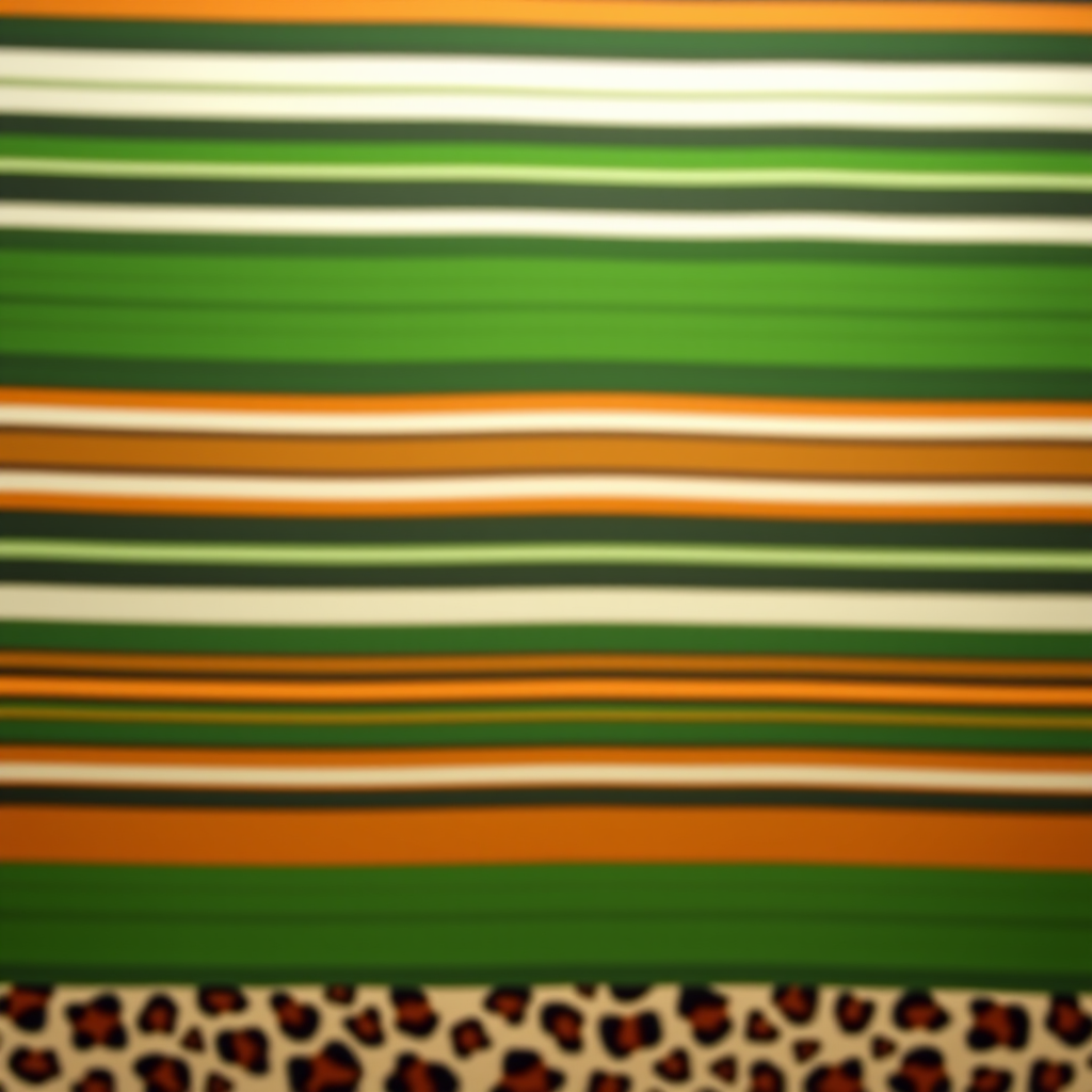 Create a high-resolution image with a rich green and brown striped background and a decorative leopard print frame, using a DSLR camera, 50mm lens, aperture f/1.8, ISO 100, and a shallow depth of field for a vibrant look.