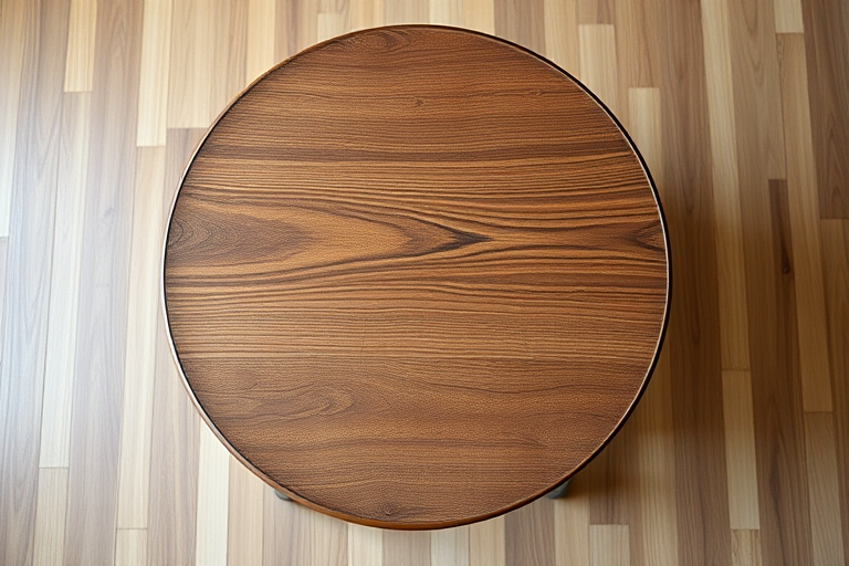 Create a high-resolution image of a round wooden table with a textured surface and sturdy legs, captured with a DSLR camera at f/2.8 aperture, ISO 100, 50mm lens, with a top-down perspective in natural light for enhanced detail and clarity.