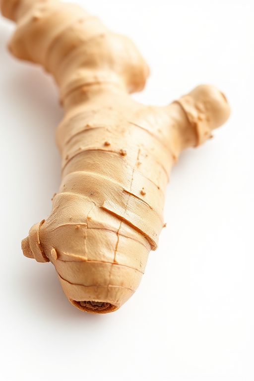 fresh ginger root on a white background, macro shot, f/2.8 aperture, 1/125 sec shutter speed, ISO 100, Canon DSLR, natural soft lighting, high detail, smooth texture