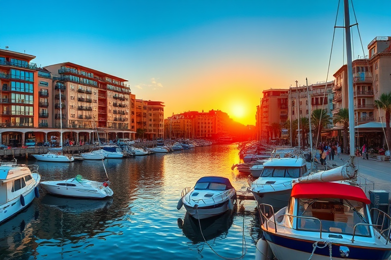 captured during golden hour at a vibrant marina scene with modern buildings, historical architecture, and moored boats, using a DSLR camera, 50mm lens, aperture f/2.8, ISO 100, shutter speed 1/250s, with a slight tilt-shift effect for depth.