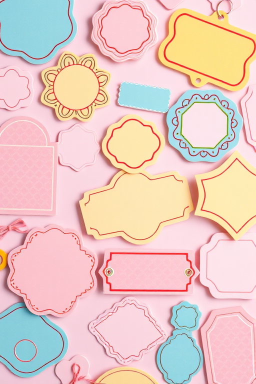 Create a flat lay image of various decorative label shapes in a pastel color palette, with a professional studio lighting setup, using a DSLR camera at f/2.8 aperture, 50mm lens, and ISO 100 for enhanced image quality.