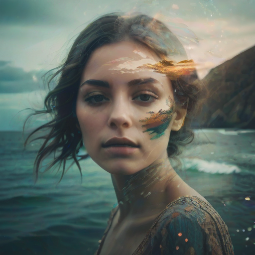this photo is Book cover, A surreal double exposure portrait that blends a woman's face with a beautiful seascape. The overall mood is dreamy and mystical, with rich colors and intricate details