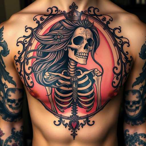 Macabre Victorian-inspired cameo tattoo portraying a skeleton adorned with ornate jewelry and flowing hair, framed by intricate filigree work, nestled in the center of the chest