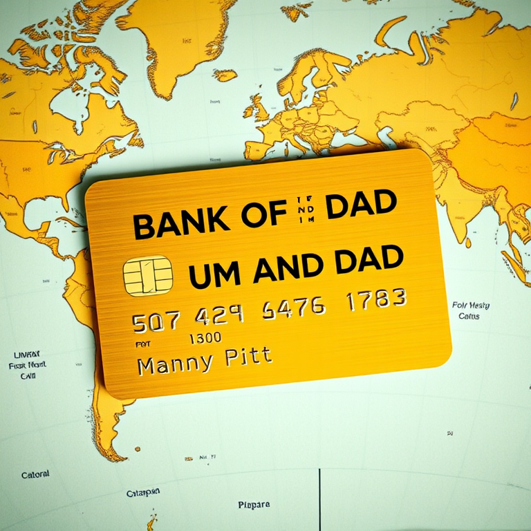 Create a high-resolution image of a gold credit card with the text "BANK OF MUM AND DAD", featuring a world map background, a chip on the left side, and the name "Manny Pitt" below the card number, using a DSLR camera with a 50mm lens, aperture f/2.8, shutter speed 1/60, ISO 200, and a top-down view to enhance image quality.