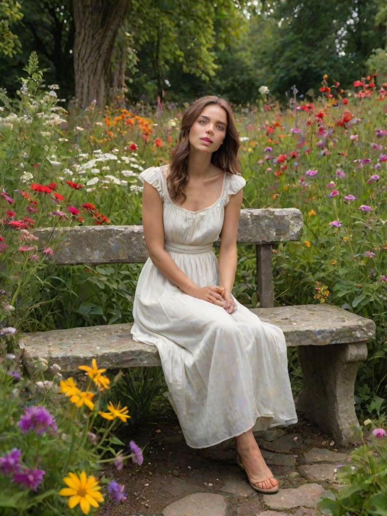 Overgrown garden filled with wildflowers, a woman in a simple white dress sits on an old stone bench, admiring the vibrant blooms, with butterflies flitting around her.