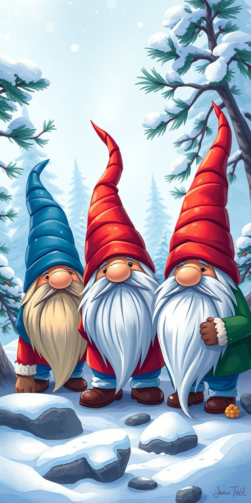Create a vibrant digital illustration of playful gnomes with long beards and pointed hats interacting around a snowy landscape with pine trees, using a Canon EOS R5 with a 50mm lens, f/2.8 aperture, ISO 100, and focus on enhancing colors and details for a high-quality finish.