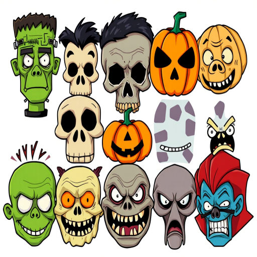 Generate a colorful and detailed illustration of nine cartoonish Halloween monster faces arranged in a grid, including a green Frankenstein, a skull, a zombie, a piggy, a carved pumpkin, a grey monster with patches, a ghoul, a vampire, and a zombie head, using a Canon EOS 5D Mark IV with a 24-70mm f/2.8 lens, aperture set to f/8, ISO 100, and a vibrant pop-art style.