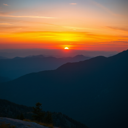Generate a detailed, high-resolution image of a serene mountain landscape during sunset with vibrant colors, using a DSLR camera with a 50mm lens, f/8 aperture, ISO 100, and a focal length of 50mm, shot from a low angle perspective to emphasize the mountains.