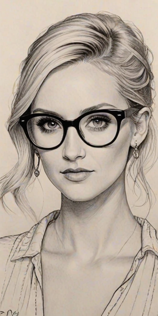 Appealing Ashlee Simpson, pencil sketch, portrait of Appealing woman 1958s in glasses, hair style beatnik, outline, clear lines, fine lines, 8k