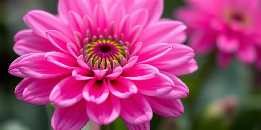 Generate a high-resolution image of a pink flower with layers of petals and a green center, using a macro lens at f/2.8, 50mm, shooting from a 45-degree angle, in soft natural light for smooth details and vibrant colors.