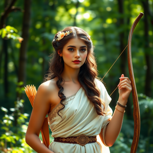 Create a portrait of a goddess-like Tajik girl figure in a tranquil, forested environment. She has an elegant appearance with long, wavy hair styled in an updo and adorned with a delicate, floral headband. She wears a flowing, ancient Greek-inspired gown in a soft, pale color, featuring a one-shoulder design and draped fabric that accentuates her graceful form. The outfit includes a decorative belt with ornate gold detailing, and she holds a bow in her hand, with a quiver of arrows slung over her shoulder. The background depicts lush greenery, with sunlight filtering through the trees, casting a gentle, ethereal light on the scene. Her expression is calm and contemplative, embodying a sense of wisdom and serenity.