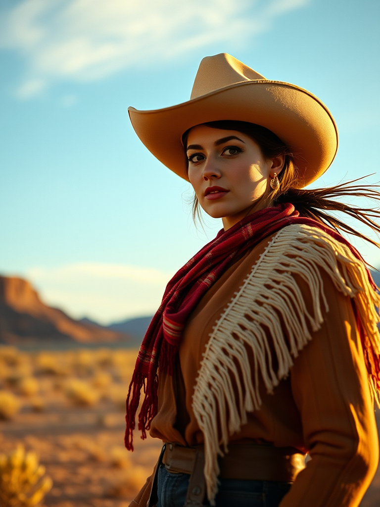 Dramatic photo of a beautiful Aymara woman, classic cowboy attire, confident and free spirit expression, half-length portrait, centered, golden hour desert landscape, warm, diffused light, low angle, medium format film camera, in style of Annie Leibovitz.