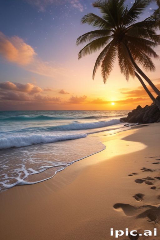 Serene Sunset Over a Tranquil Beach with Gentle Waves and Palm Tree