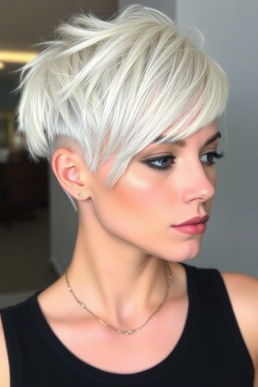 Chic Platinum Pixie cut with textured layers, asymmetrical bangs, and a bold undercut design, creating a modern and edgy look with a touch of sophistication